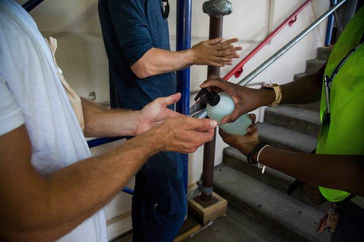 A man sanitizes his hands at a monkeypox vaccination site in the Brooklyn, July 30, 2022